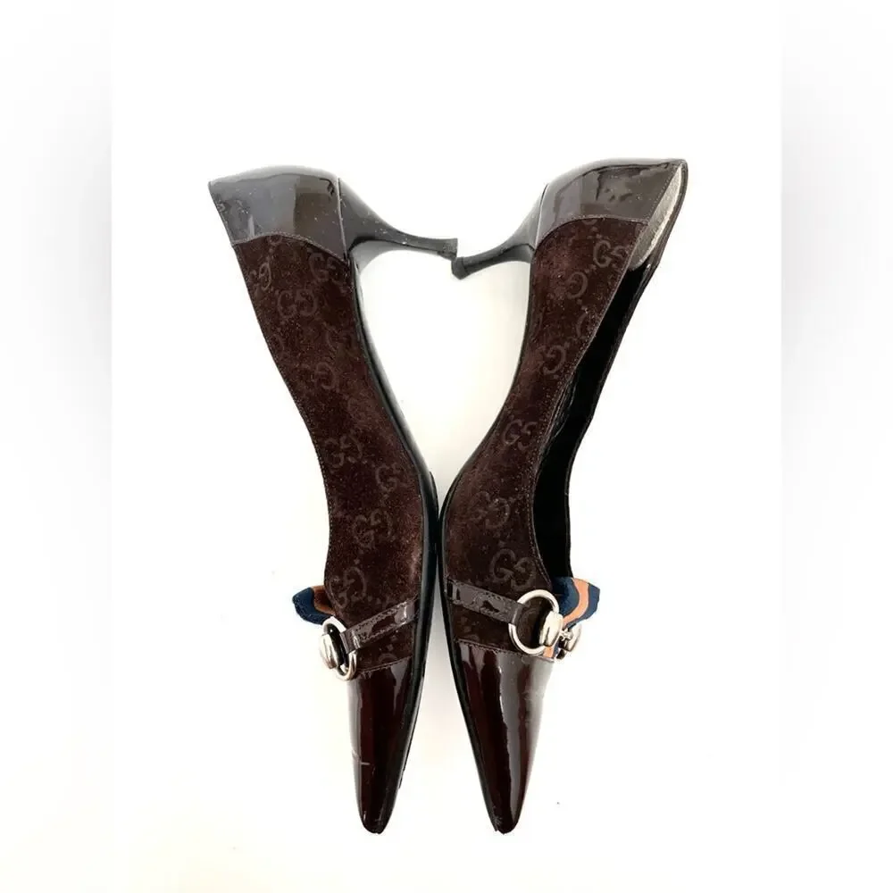 Gucci Horsebit Web Stripe GG Pump Size 8.5 Brown Suede Pointed Toe Kitten Heel - Picture 9 of 10